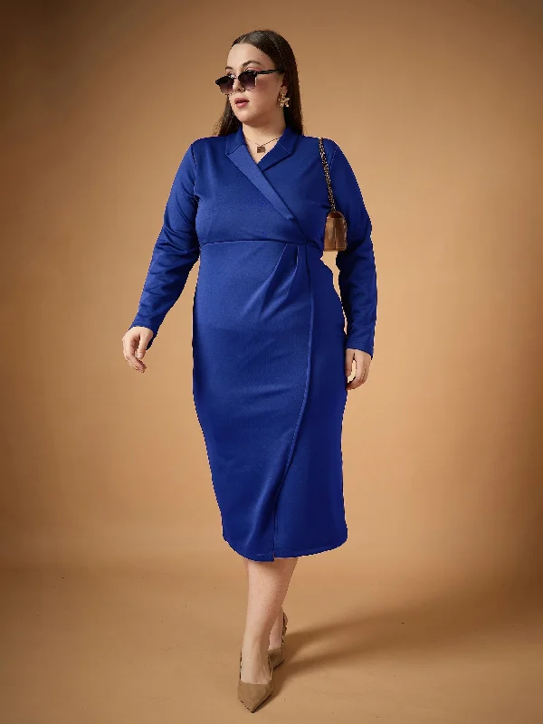 YEAR-End Clearance Women Royal Blue Full Sleeves Midi Dress