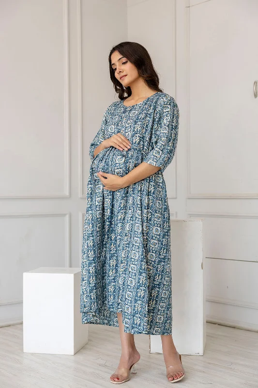 Price Rollback Women Teal Blue Printed Flared Maternity Dress