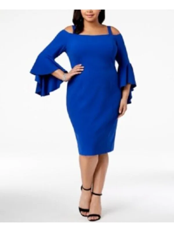 Holiday Sale R&M RICHARDS Womens Blue Bell Sleeve Off Shoulder Below The Knee Party Sheath Dress
