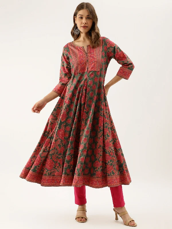 Overstock Women Green Floral Printed Flared Kurta Dress