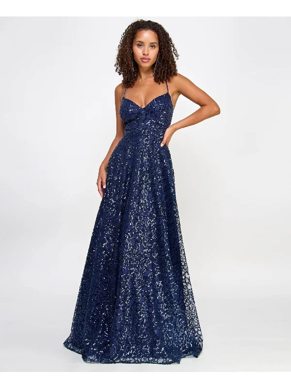 Deep Discounts SAY YES TO THE PROM Womens Navy Zippered Lined Lace-up Back Spaghetti Strap Sweetheart Neckline Full-Length Prom Gown Dress Deep Discounts SAY YES TO THE PROM Womens Navy Zippered Lined Lace-up Back Spaghetti Strap Sweetheart Neckline Full-Length Prom Gown Dress