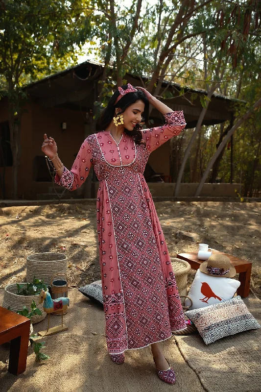 Best Seller Women Peach Cambric Printed Dress