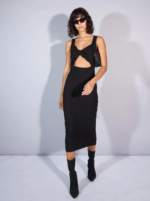 Discount Deals Women Black Rib Front Twist Cut-Out Midi Dress