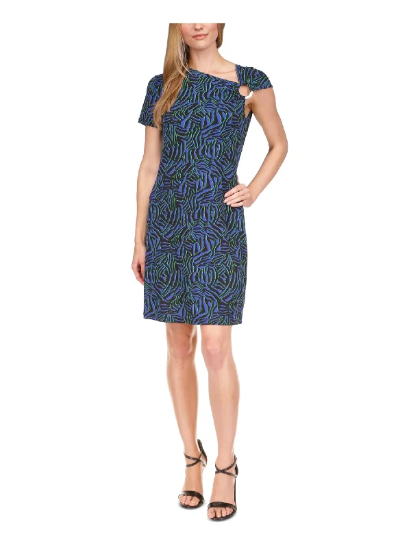 Blowout Deals MICHAEL MICHAEL KORS Womens Blue Unlined Pullover O-ring Detail Printed Short Sleeve Asymmetrical Neckline Short Party Sheath Dress Blowout Deals MICHAEL MICHAEL KORS Womens Blue Unlined Pullover O-ring Detail Printed Short Sleeve Asymmetrical Neckline Short Party Sheath Dress