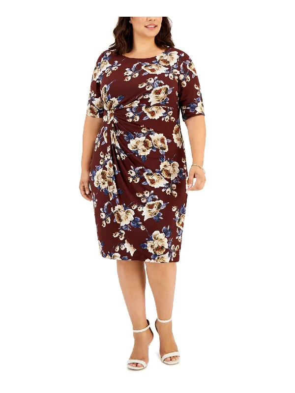 Hurry In CONNECTED APPAREL Womens Brown Pleated Side-tab Draped Skirt Floral Elbow Sleeve Round Neck Knee Length Wear To Work Sheath Dress Hurry In CONNECTED APPAREL Womens Brown Pleated Side-tab Draped Skirt Floral Elbow Sleeve Round Neck Knee Length Wear To Work Sheath Dress