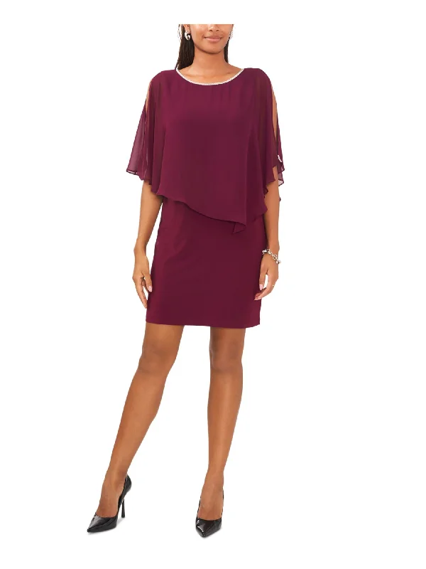 Crazy Savings MSK Womens Burgundy Embellished Capelet Elbow Sleeve Round Neck Above The Knee Evening Sheath Dress Crazy Savings MSK Womens Burgundy Embellished Capelet Elbow Sleeve Round Neck Above The Knee Evening Sheath Dress