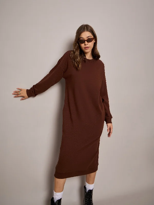 Fantastic Offers Women Brown Terry Oversized Midi Sweat Dress