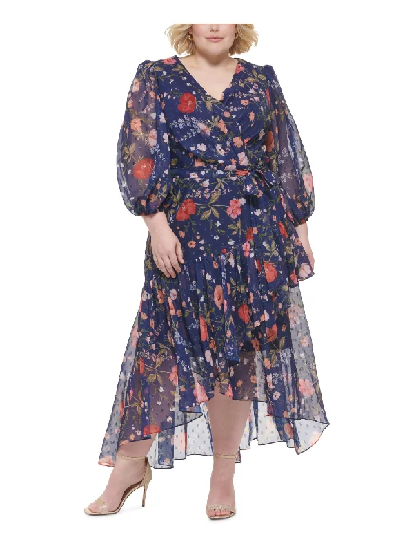 Epic Deals ELIZA J Womens Navy Zippered Lined Tie-belt Ruffled Hi-low Hem Floral Blouson Sleeve Surplice Neckline Maxi Party Faux Wrap Dress Epic Deals ELIZA J Womens Navy Zippered Lined Tie-belt Ruffled Hi-low Hem Floral Blouson Sleeve Surplice Neckline Maxi Party Faux Wrap Dress