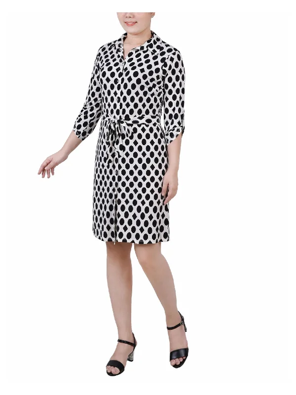 Doorbuster Deal NY COLLECTION Womens Ivory Printed Roll-tab Sleeve Point Collar Below The Knee Wear To Work Shirt Dress Doorbuster Deal NY COLLECTION Womens Ivory Printed Roll-tab Sleeve Point Collar Below The Knee Wear To Work Shirt Dress