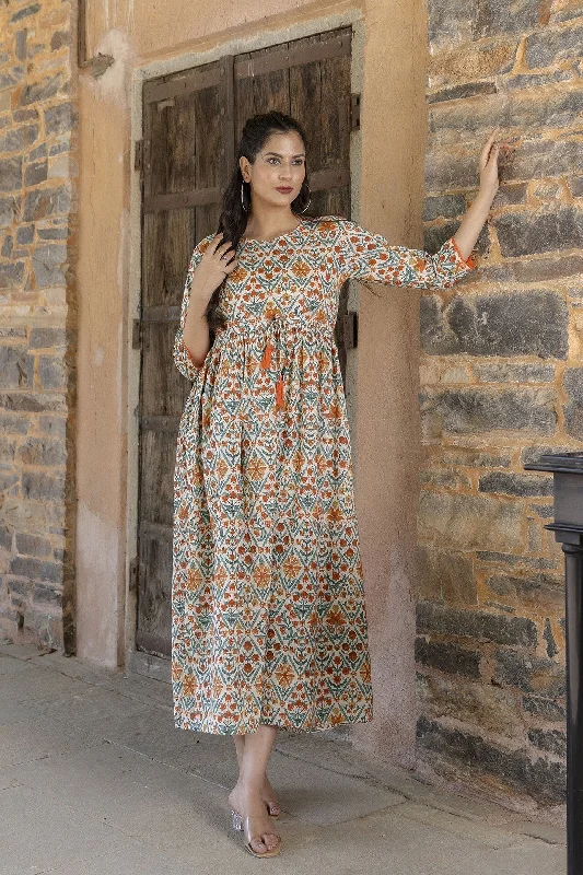 Anniversary Sale Women Off-White Printed Dress With Three Quarter Sleeves