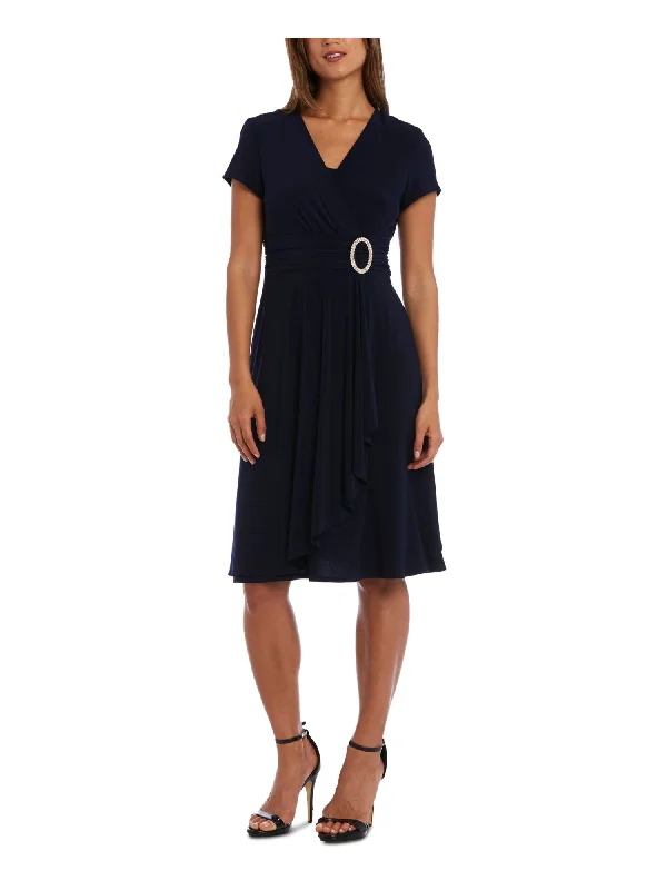 Limited Time Discount R&M RICHARDS Womens Navy Embellished Gathered Ruffled Drape Skirt Short Sleeve Surplice Neckline Above The Knee Party Faux Wrap Dress Limited Time Discount R&M RICHARDS Womens Navy Embellished Gathered Ruffled Drape Skirt Short Sleeve Surplice Neckline Above The Knee Party Faux Wrap Dress