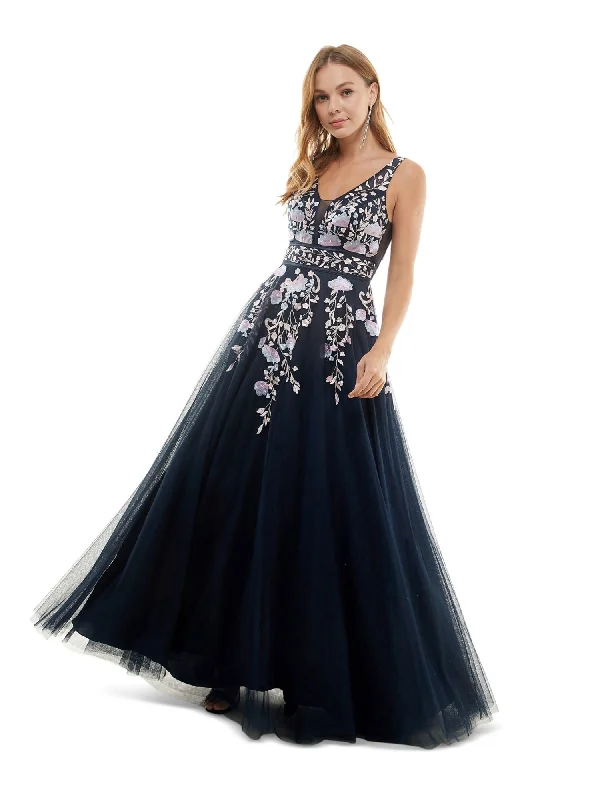 Amazing Deals SAY YES TO THE PROM Womens Navy Rhinestone Zippered V Back Tulle Lined Sheer Floral Sleeveless V Neck Full-Length Formal Gown Dress Amazing Deals SAY YES TO THE PROM Womens Navy Rhinestone Zippered V Back Tulle Lined Sheer Floral Sleeveless V Neck Full-Length Formal Gown Dress
