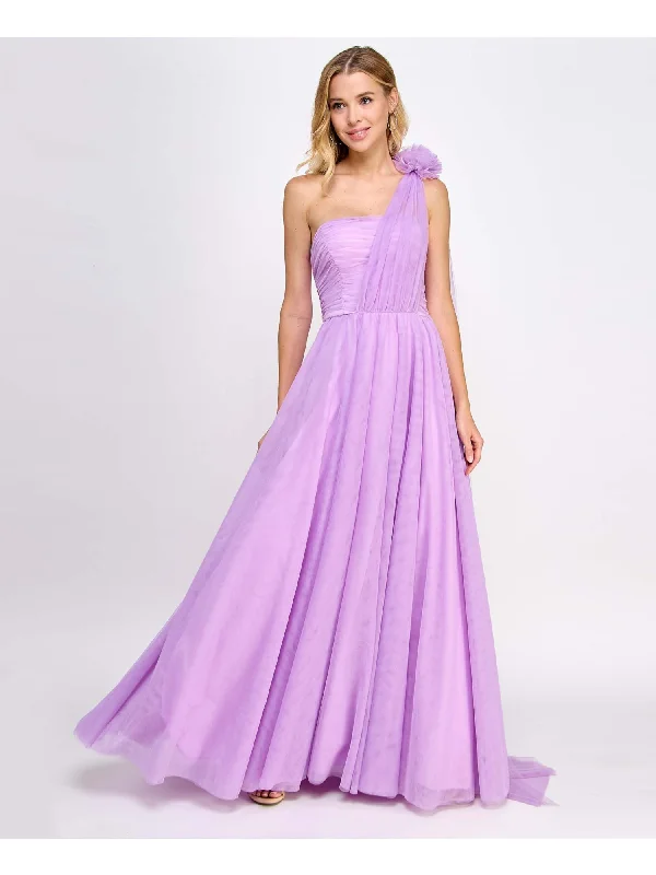 Savings Galore CITY STUDIO Womens Purple Pleated Zippered Mesh Rosette Accent Lined Sleeveless Asymmetrical Neckline Full-Length Prom Fit + Flare Dress Savings Galore CITY STUDIO Womens Purple Pleated Zippered Mesh Rosette Accent Lined Sleeveless Asymmetrical Neckline Full-Length Prom Fit + Flare Dress