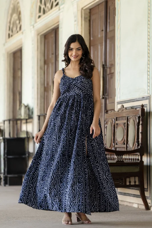 Low Prices Women Navy Blue Bandhani Printed Sleeveless Dress