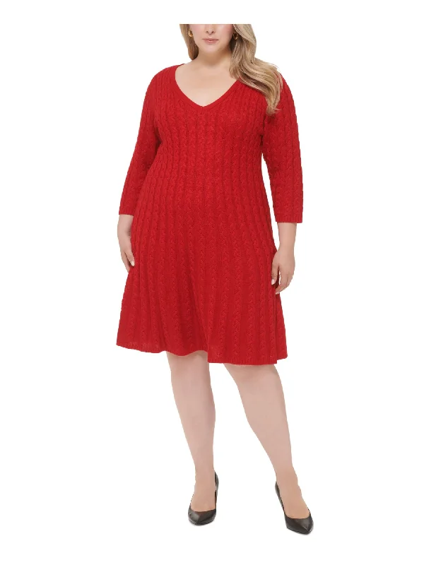 Overstock JESSICA HOWARD Womens Red 3/4 Sleeve V Neck Knee Length Wear To Work Sweater Dress