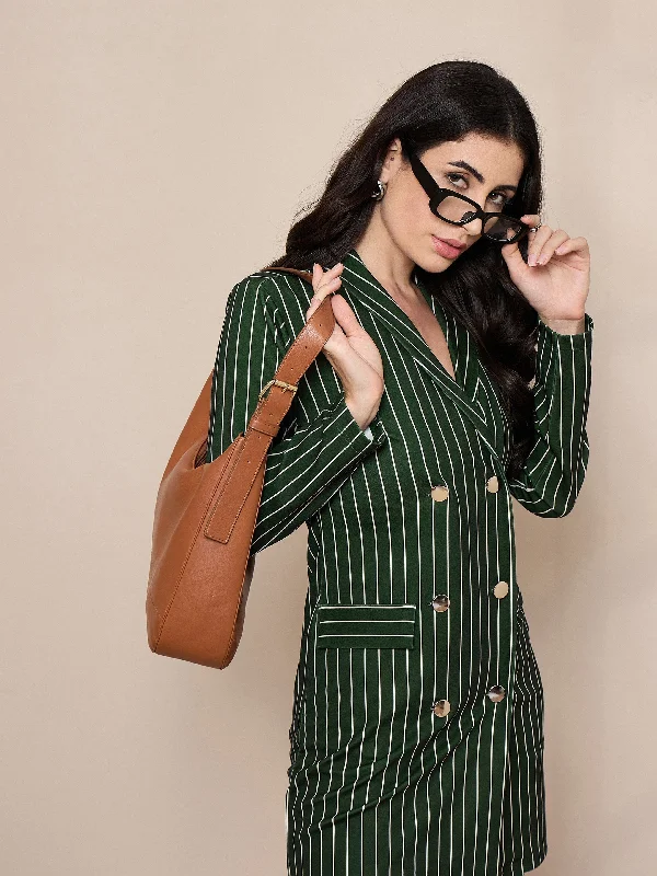 Amazing Deals Women Green Striped Double Breasted Blazer Dress