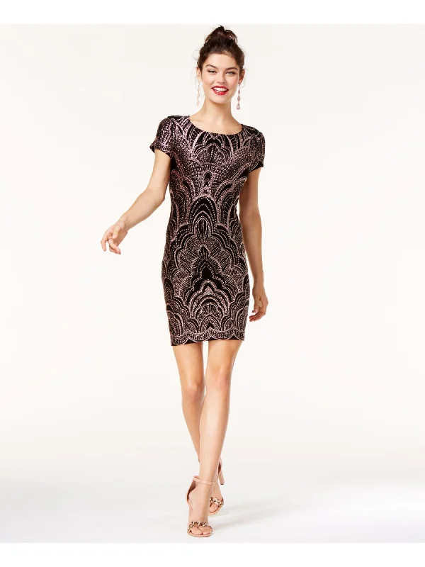 Daily Deals JUMP Womens Black Short Sleeve Jewel Neck Above The Knee Cocktail Body Con Dress