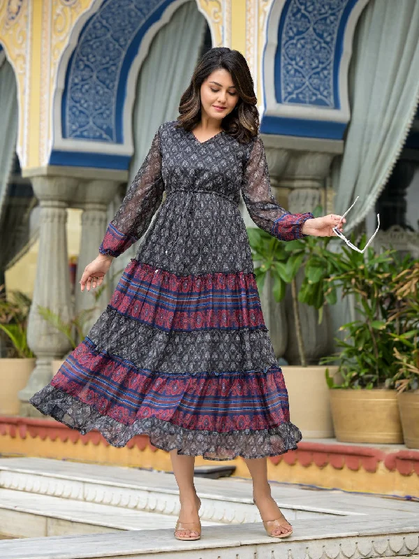 Time-Limited Offer Black Ethnic Motif Printed Chiffon Tiered Maxi Dress With Doris