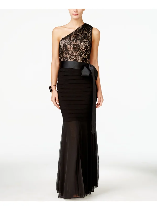 Deal Frenzy B&A BY BETSY & ADAM Womens Black Lace Sheer Ribbon Sash Sleeveless Asymmetrical Neckline Full-Length Evening Mermaid Dress Deal Frenzy B&A BY BETSY & ADAM Womens Black Lace Sheer Ribbon Sash Sleeveless Asymmetrical Neckline Full-Length Evening Mermaid Dress