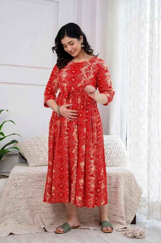 Extra Savings Red Printed Maternity Dress For Women