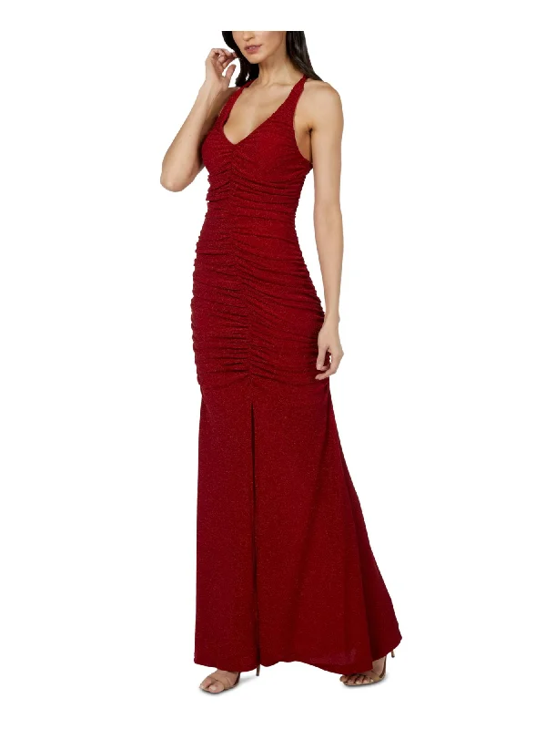 Bargain Blast JUMP APPAREL Womens Red Stretch Zippered Glitter Ruched Sleeveless V Neck Maxi Formal Gown Dress Bargain Blast JUMP APPAREL Womens Red Stretch Zippered Glitter Ruched Sleeveless V Neck Maxi Formal Gown Dress