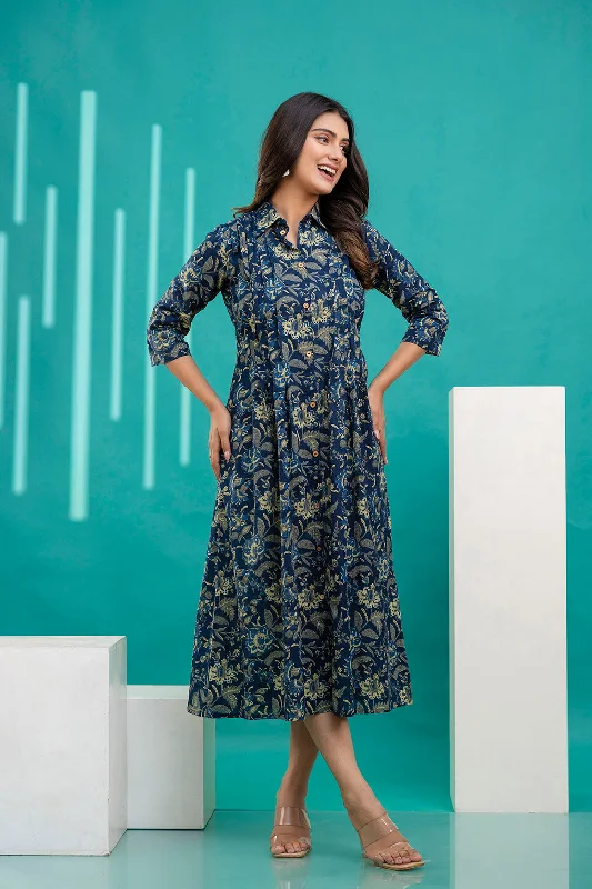Act Fast Women Blue Printed Flared Dress With Three quarter Sleeves