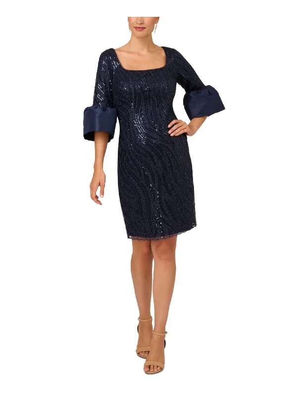 Weekend Deal ADRIANNA PAPELL Womens Navy Sequined Zippered Lined Lace Bell Sleeve Square Neck Above The Knee Cocktail Sheath Dress Weekend Deal ADRIANNA PAPELL Womens Navy Sequined Zippered Lined Lace Bell Sleeve Square Neck Above The Knee Cocktail Sheath Dress