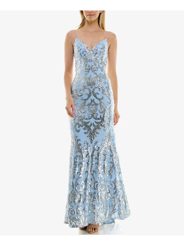 YEAR-End Sale B DARLIN Womens Light Blue Zippered Sequined Lined Open Strappy Back Spaghetti Strap V Neck Full-Length Formal Gown Dress