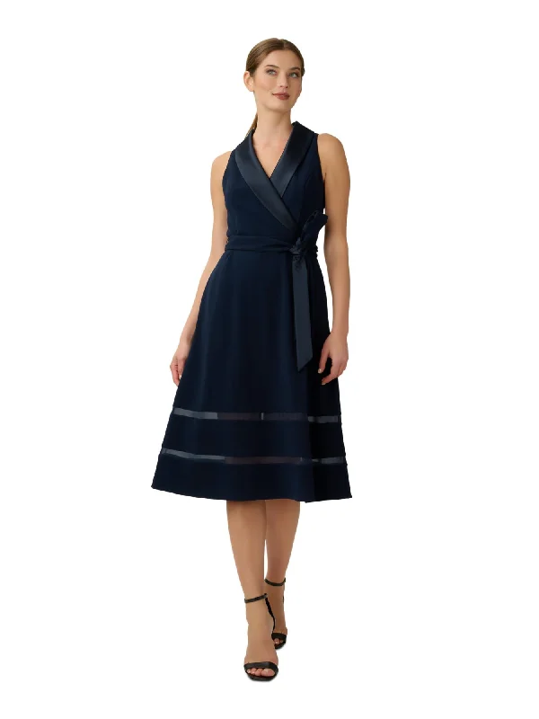 New Deals ADRIANNA PAPELL Womens Navy Zippered Pocketed Shawl Collar Mesh Trim Skirt Sleeveless Surplice Neckline Midi Party Fit + Flare Dress New Deals ADRIANNA PAPELL Womens Navy Zippered Pocketed Shawl Collar Mesh Trim Skirt Sleeveless Surplice Neckline Midi Party Fit + Flare Dress