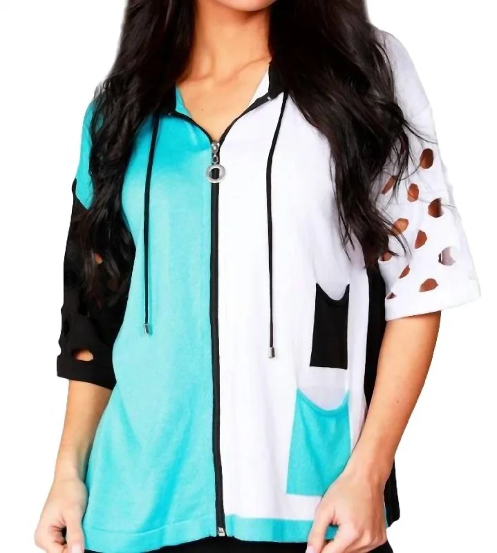 Super Sale 3/4 Color Block Hoodie In Turquiose/white