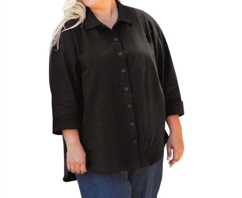Deal Zone 3/4 Sleeve Crinkle Cotton Long Sleeve Button Up - Plus In Black