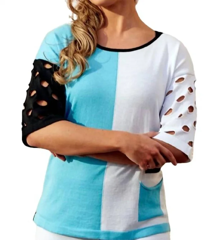 Sale Event 3/4 Sleeve Stripe Crew Neck Top In Turquiose/white