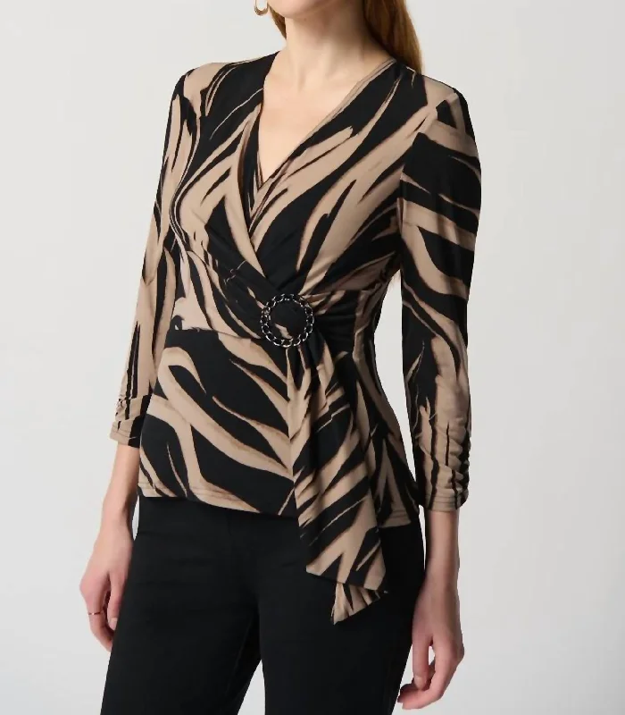 TIME-Limited Offer Abstract Print Silky Knit Top With Side Buckle In Black/latte