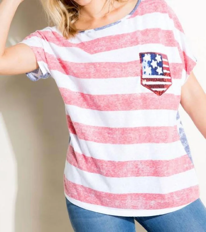 Special Discount American Flag Plus Tee With Sequin Pocket Plus In Red And White