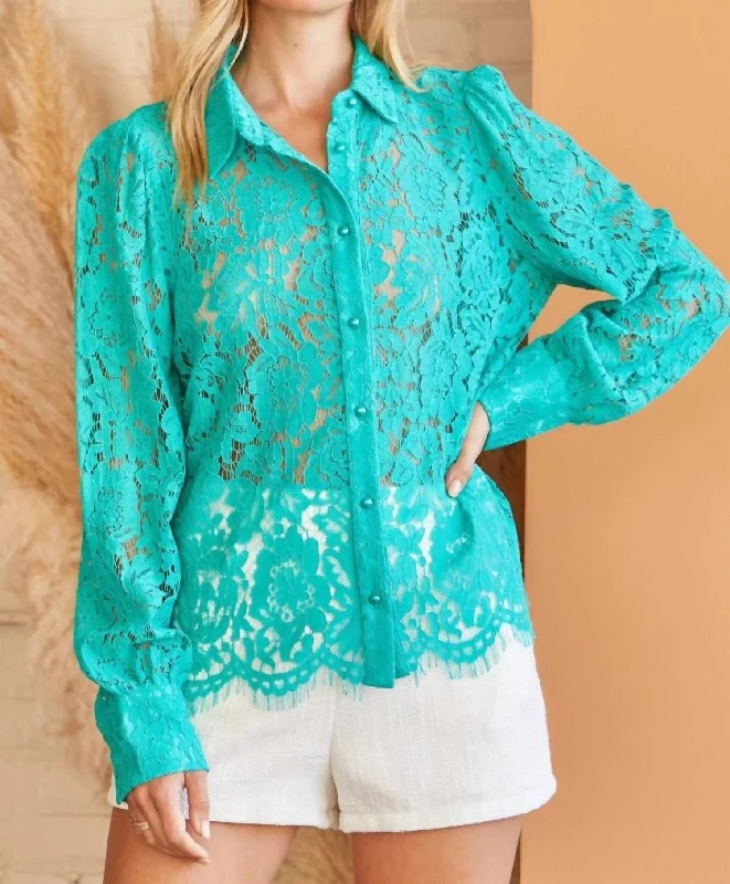 Special Buy Andree By Unit Crochet Lace Button Down Shirt In Emerald