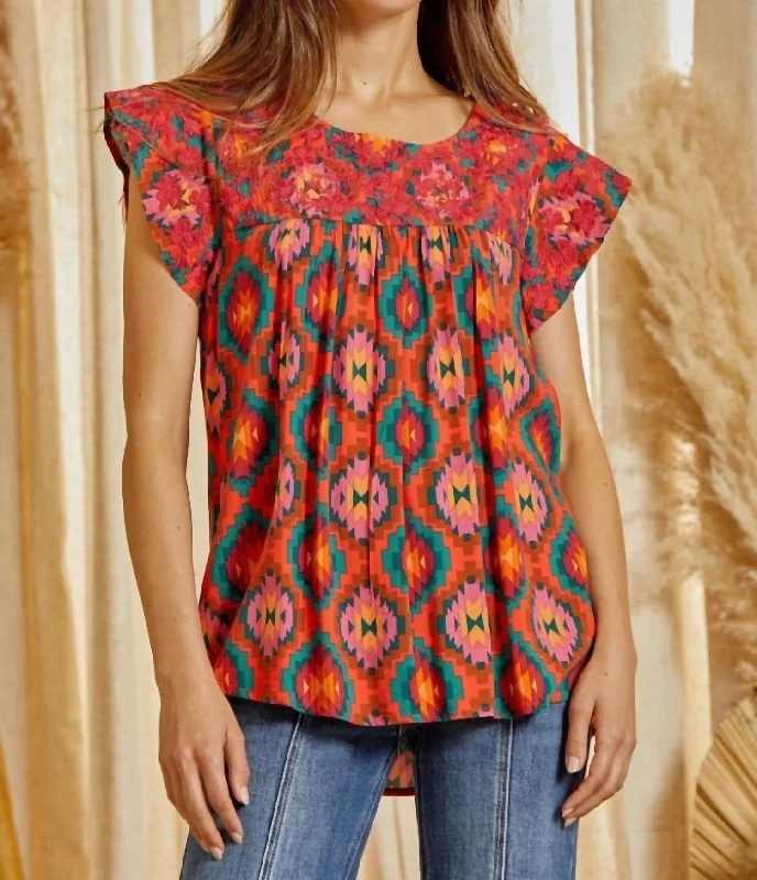 Price Cut Aztec Embroidered Flutter Sleeve Top In Multi Color