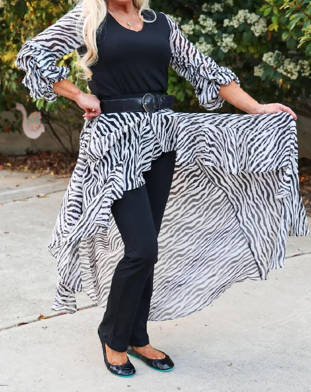 Deal Dash Bodice V Neck Tunic With Zebra Print Sheer Sleeves In Black