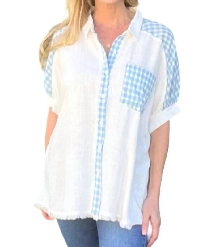 Stock Clearance Boxy Cut Checkered Linen Blend Top In Off White