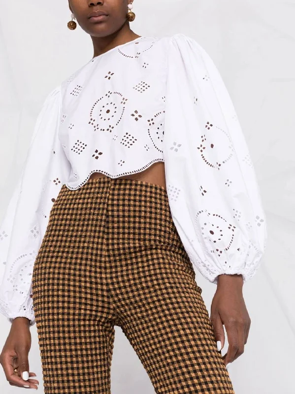 Act Now Broderie Anglaise Cropped Blouse In Bright White
