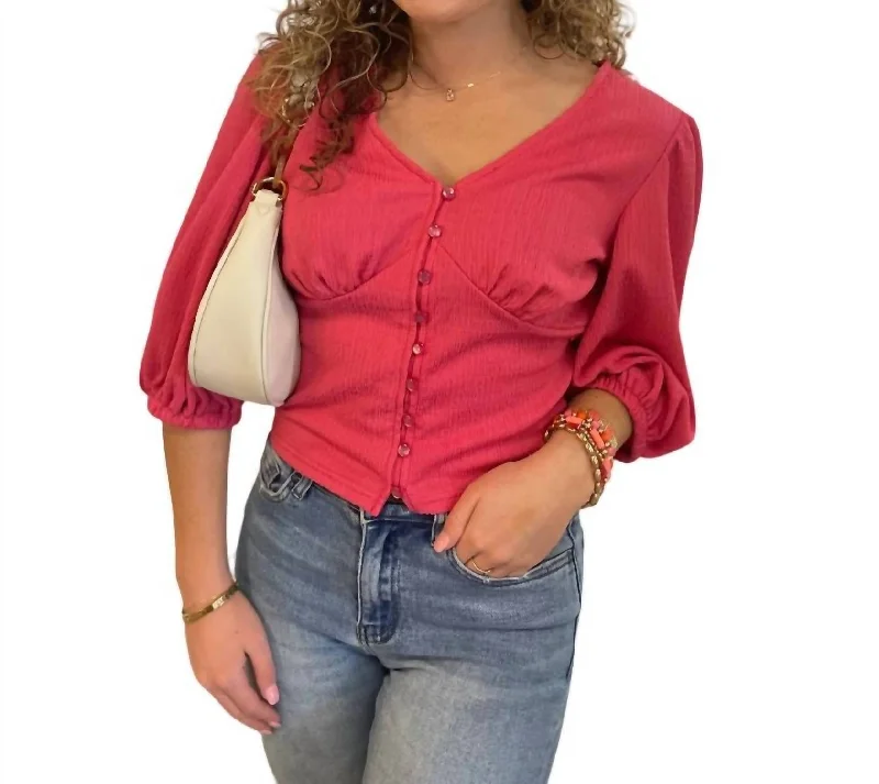 Final Clearance Bubble Sleeve Top In Bright Pink
