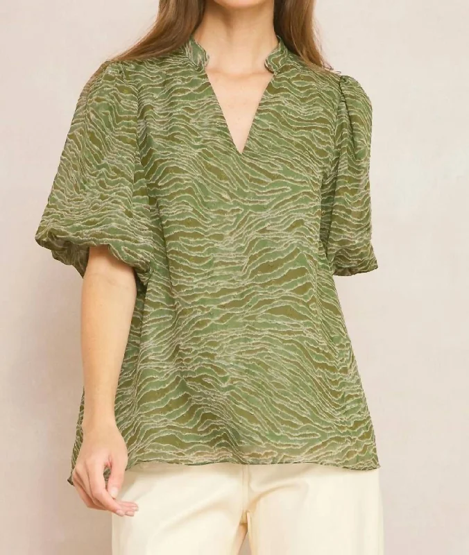 Deal Dash Bubble Sleeve V-Neck Top In Olive