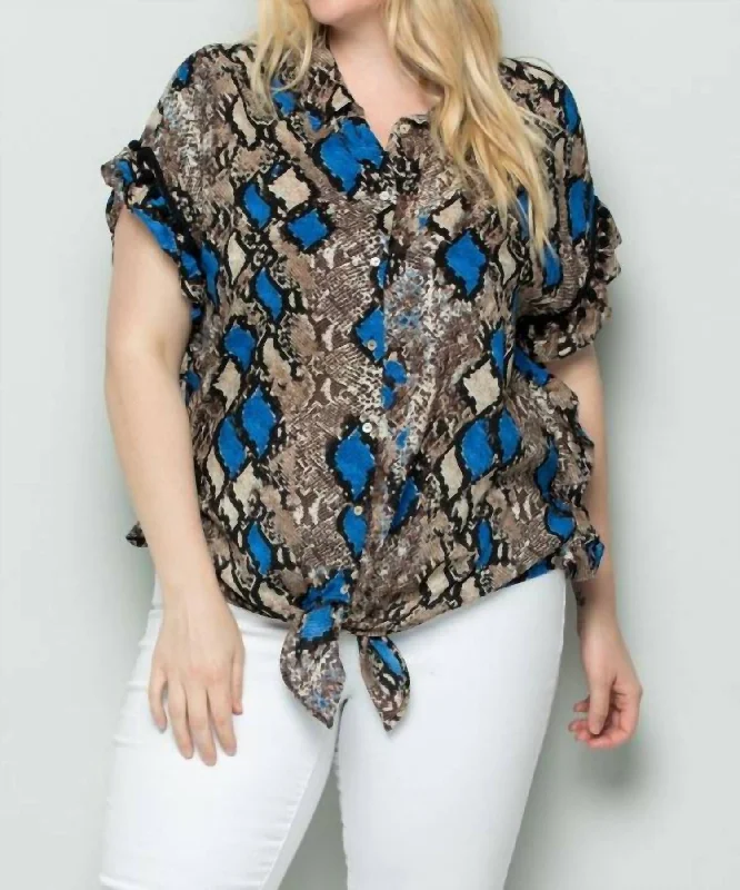 Shop and Save Button Down Tie Front Blouse In Blue Snakeskin