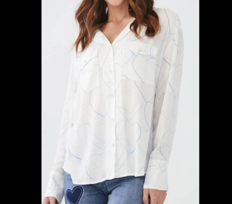 Super Savings Button Up Blouse In White With Blue Hearts