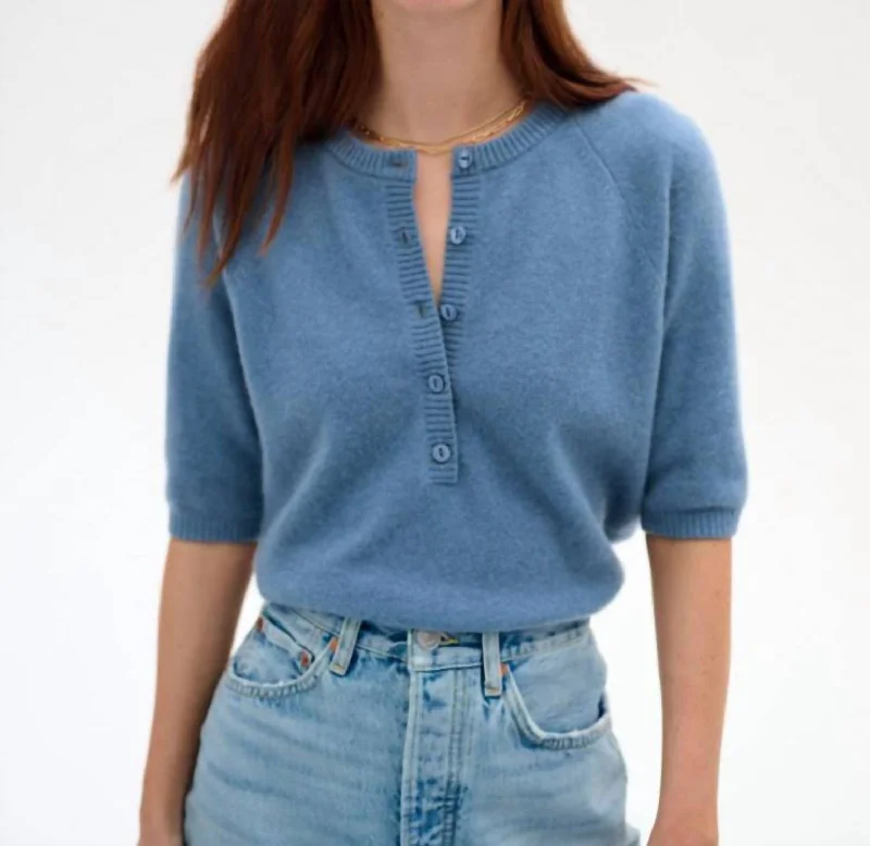 Factory Direct Sale Cashmere Short Sleeve Henley In Blue Thistle