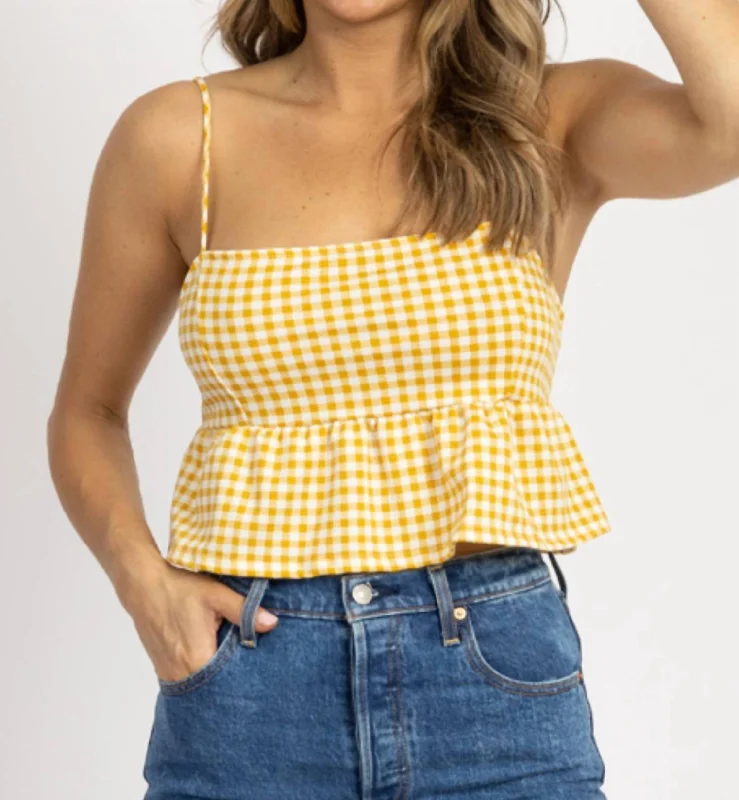 Price Reduction Checked Tie Back Crop Top In Mustard