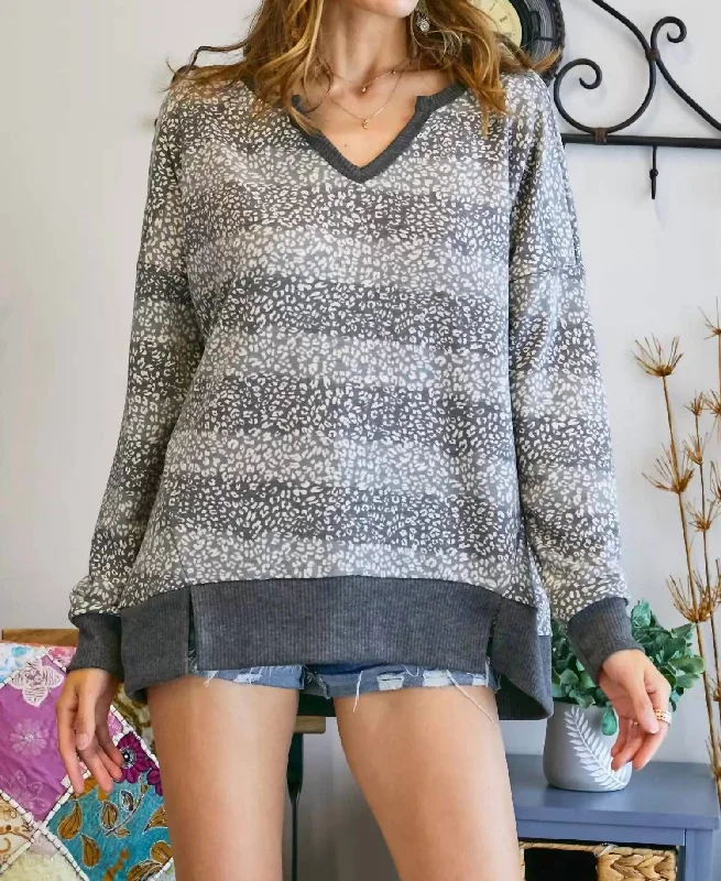 Massive Deals Cheetah V Neck Loose Fit Top Plus In Grey