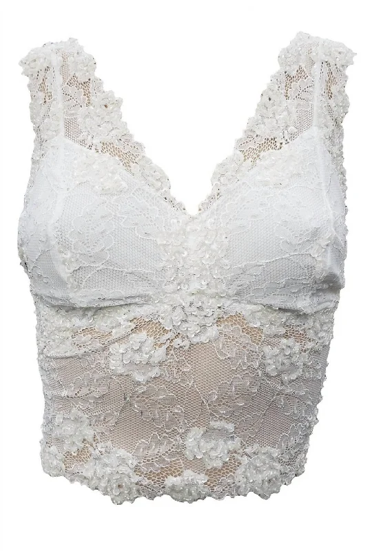 Deal Explosion Colette Lace Hand Beaded Sleeveless Crop Top In Pearl