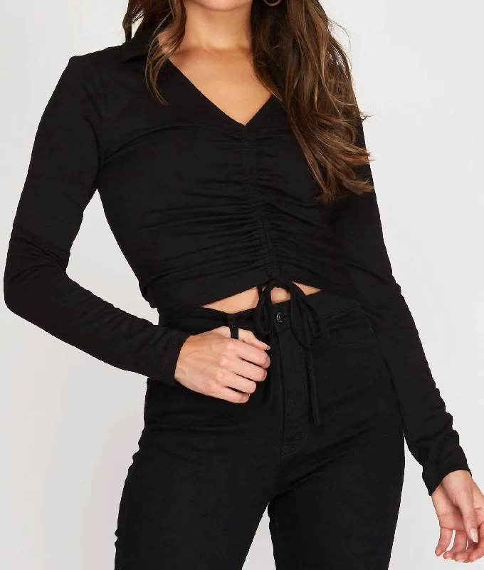 Shop and Save Collared Drawstring Front Top In Black