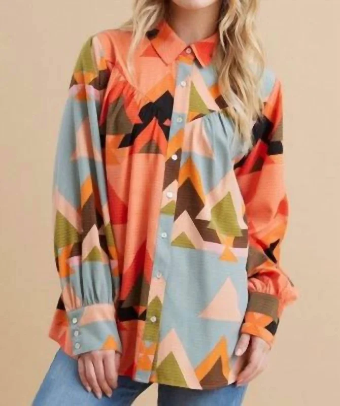 Deal of the Day Collared Geometric Top In Grapefruit/blue