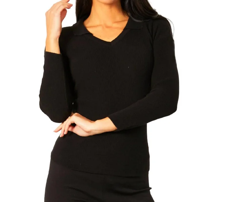 Closeout Sale Collared V-Neck Top In Black